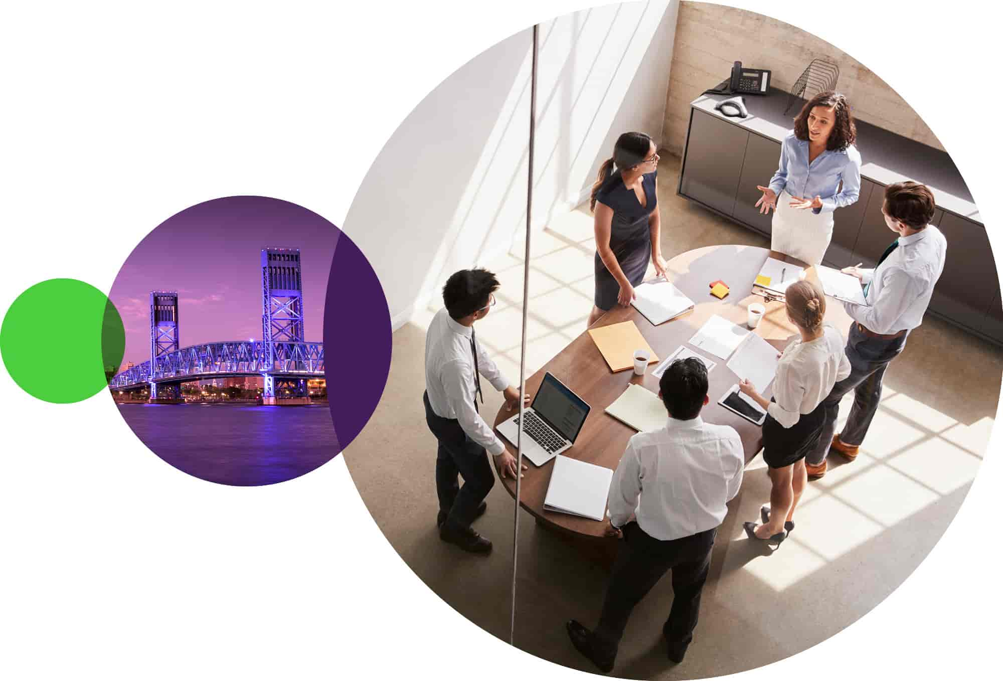 Three circles. A green dot, an image of a bridge, and a group of office colleagues standing around a conference table.