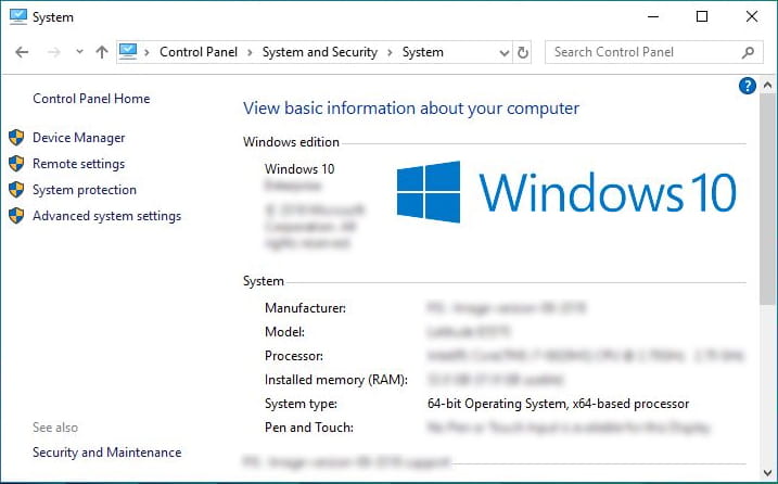 System Information via Control Panel